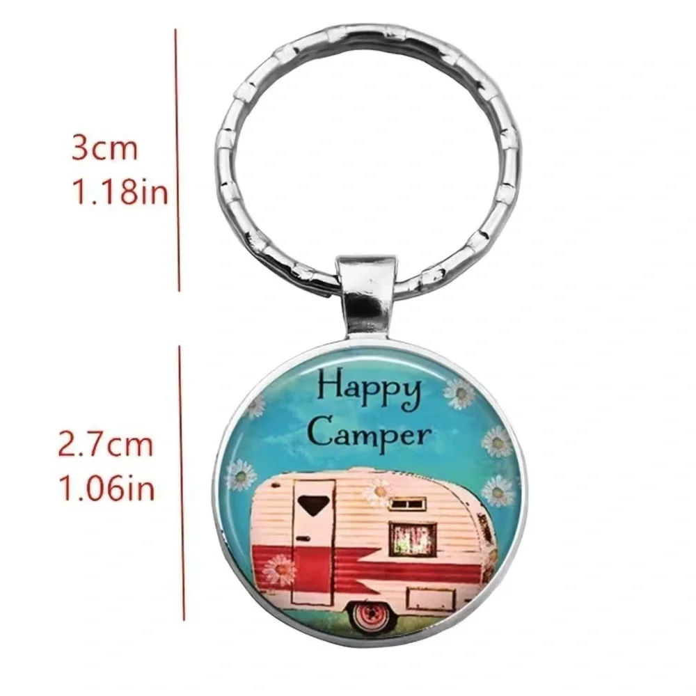 Happy Camper Keyring Fob Round Pendant Keepsake Gift Charm and Black Gift Pouch